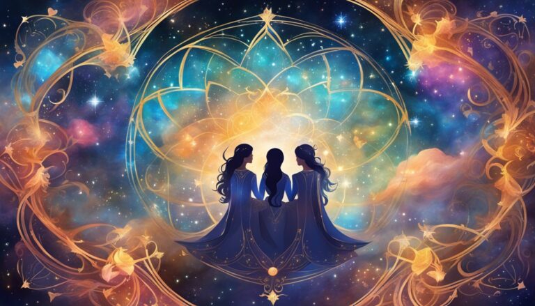 Three women in blue robes, facing away, in a cosmic, ornate design