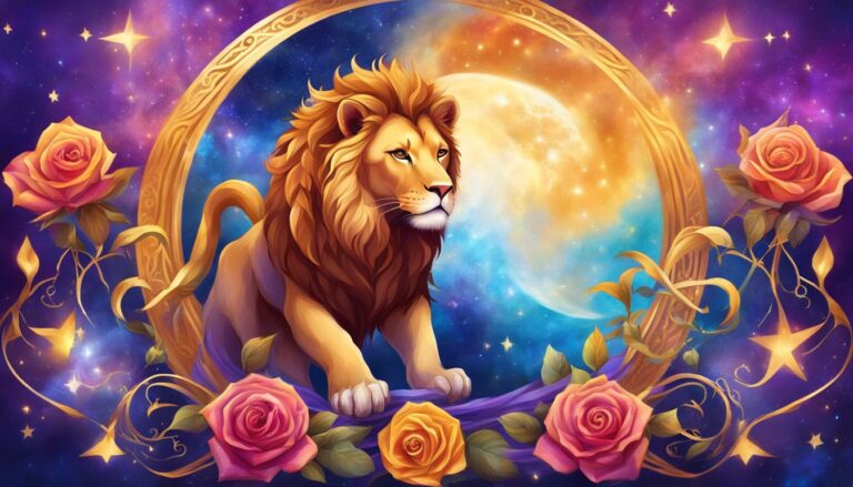 Lion in a golden frame with roses, stars, and a celestial background