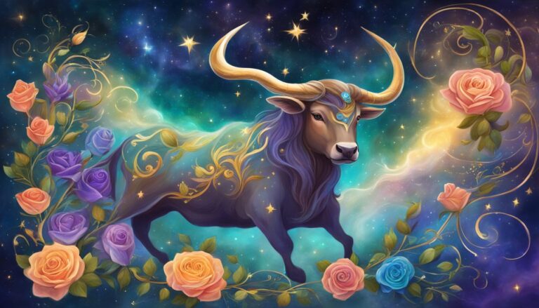 Illustration of a Taurus zodiac sign with flowers and a starry background