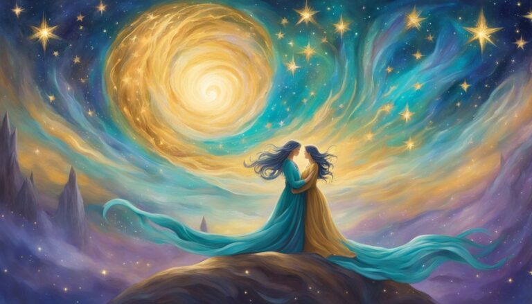Two women embrace under a swirling galaxy of stars and light
