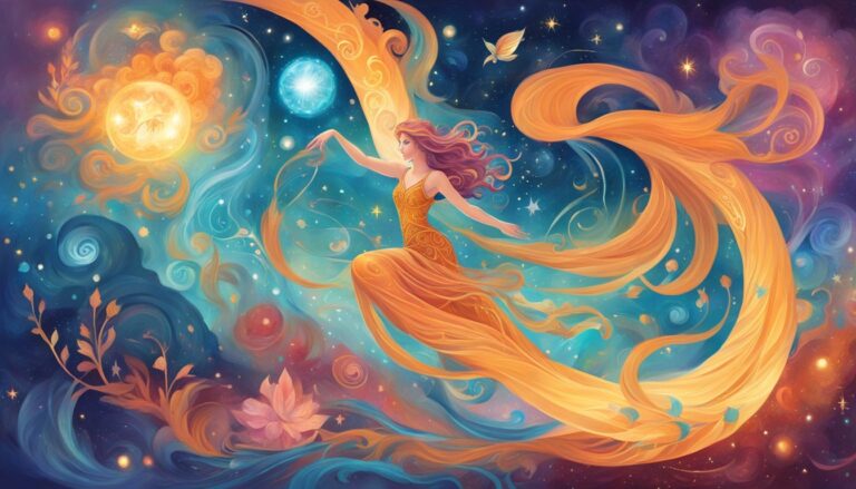 Woman in golden dress floats through a cosmic, colorful, dreamy space