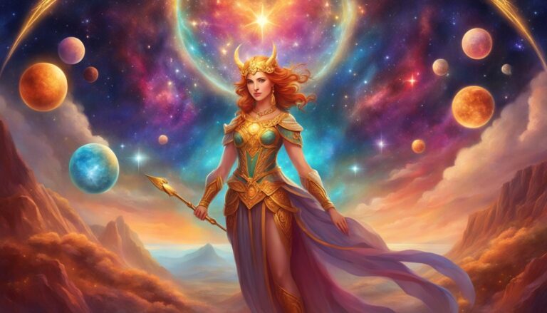 Woman in gold armor with spear, in a cosmic, starry landscape