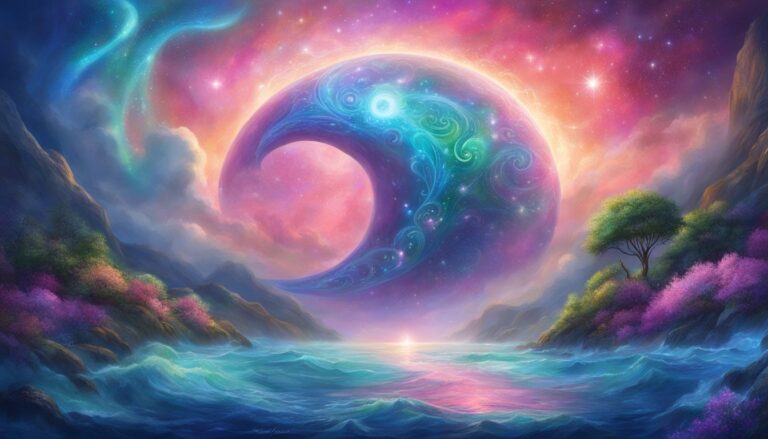 Fantasy landscape with a crescent-shaped planet, ocean, and colorful sky