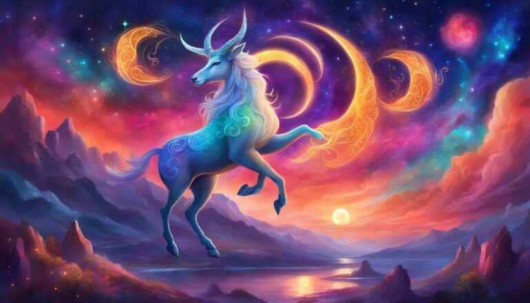 Fantasy illustration of a blue unicorn with moon crescents in a colorful sky