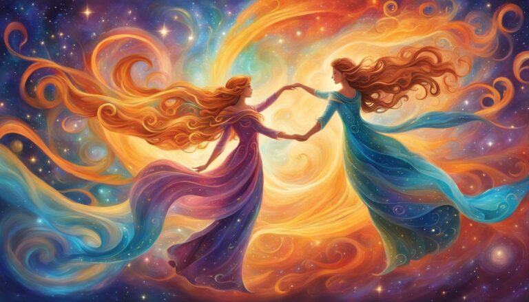 Two women in flowing gowns holding hands in a cosmic swirl