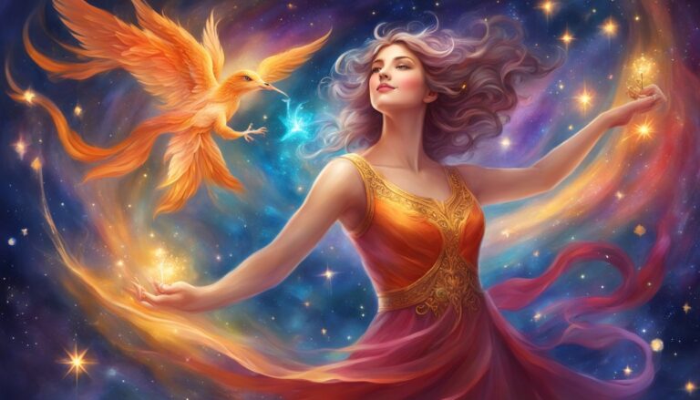 Woman in gown with phoenix in space, holding starlight