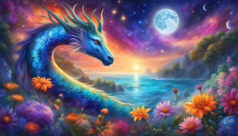 Blue dragon by the sea with flowers, moon, and starry sky