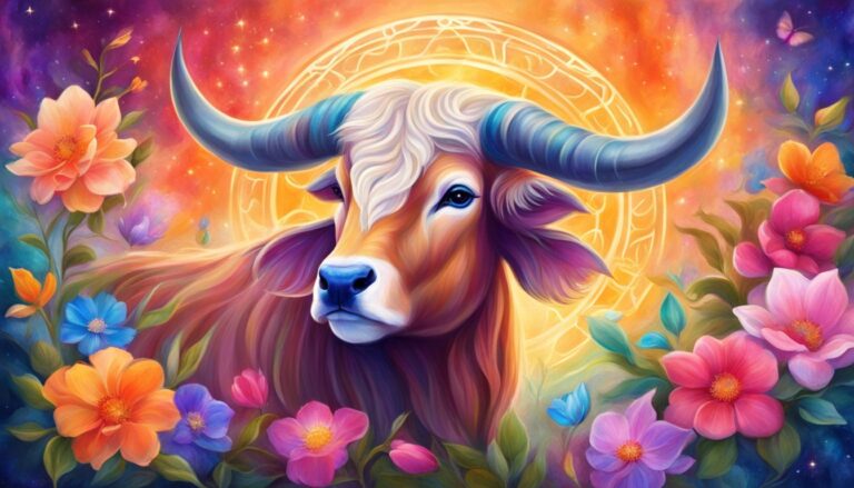 Illustration of a bull with flowers, a zodiac symbol, and a colorful background