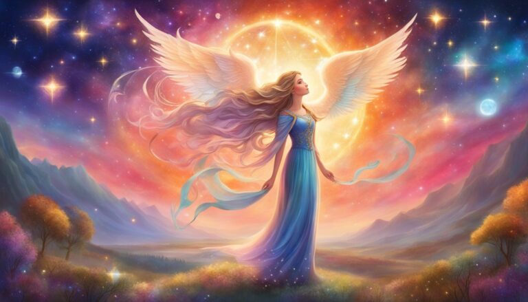 Angel with wings in a blue dress, surrounded by a starry sky