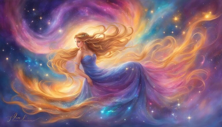 Woman in a blue dress with flowing hair in a colorful nebula