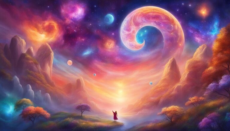 Woman in red robe facing a cosmic spiral in a colorful landscape