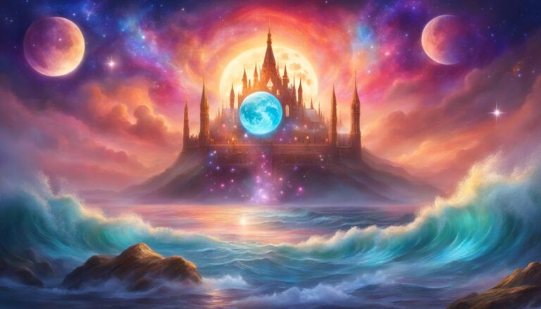 Fantasy castle on an island with a glowing moon and ocean waves