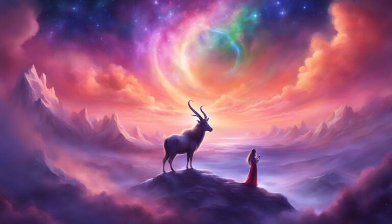 Fantasy landscape with a deer, woman, and colorful nebula sky