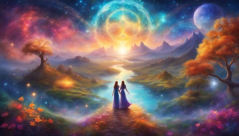 Two women walk towards a glowing portal in a vibrant landscape