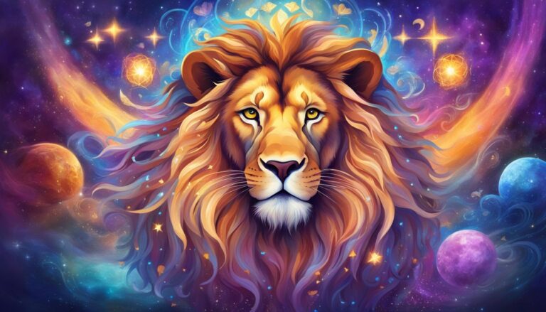 Lion in space with planets, stars, and colorful cosmic background