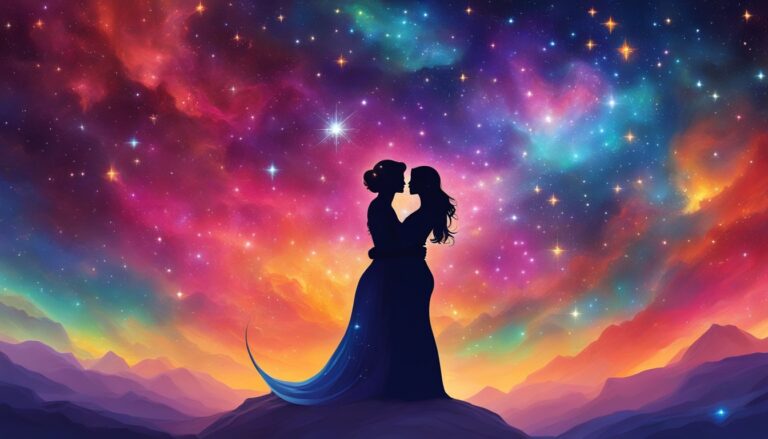 Silhouetted couple embracing under a vibrant, starry nebula sky