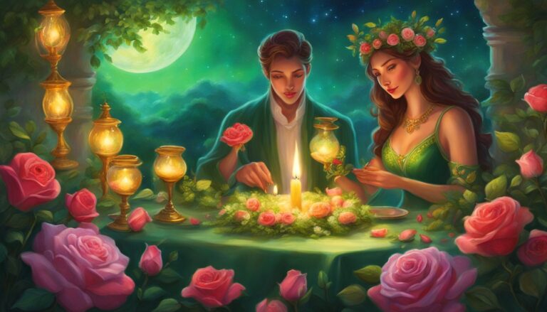 Romantic couple at candlelit table with roses under a moonlit sky