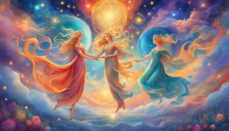 Three ethereal women in flowing gowns floating in a celestial, colorful sky