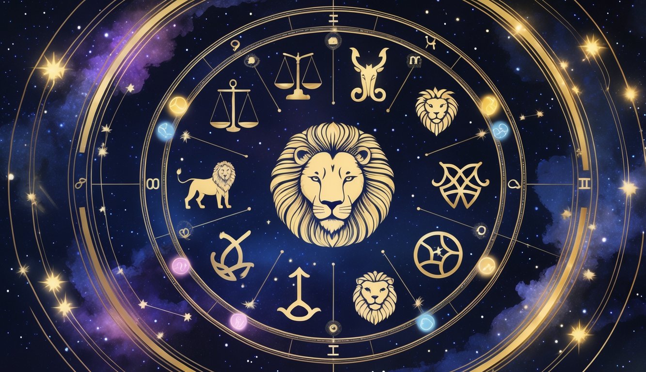 A circular arrangement of the twelve zodiac signs, each depicted by its traditional symbol and associated figure, set against a starry night sky with faint constellations.