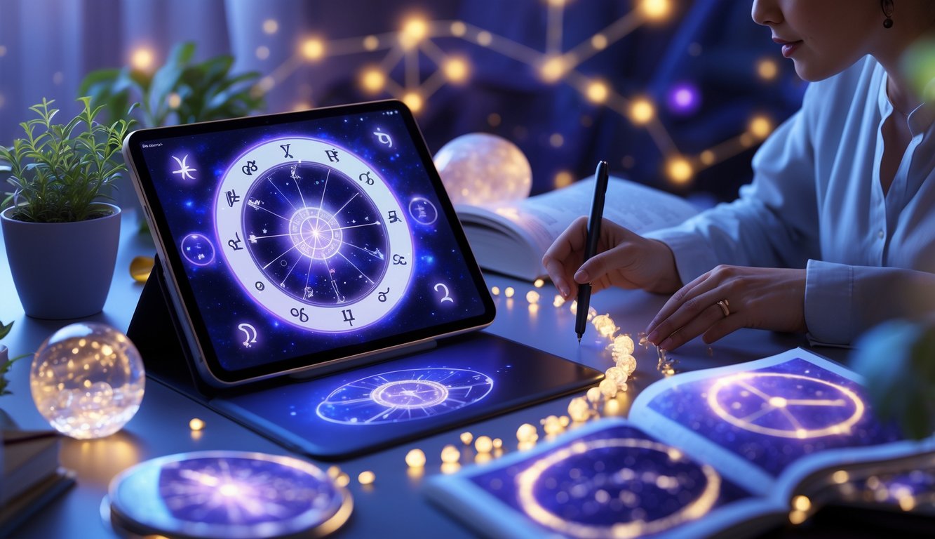A person using a digital tablet showing an astrological birth chart surrounded by zodiac symbols and mystical objects on a modern desk.