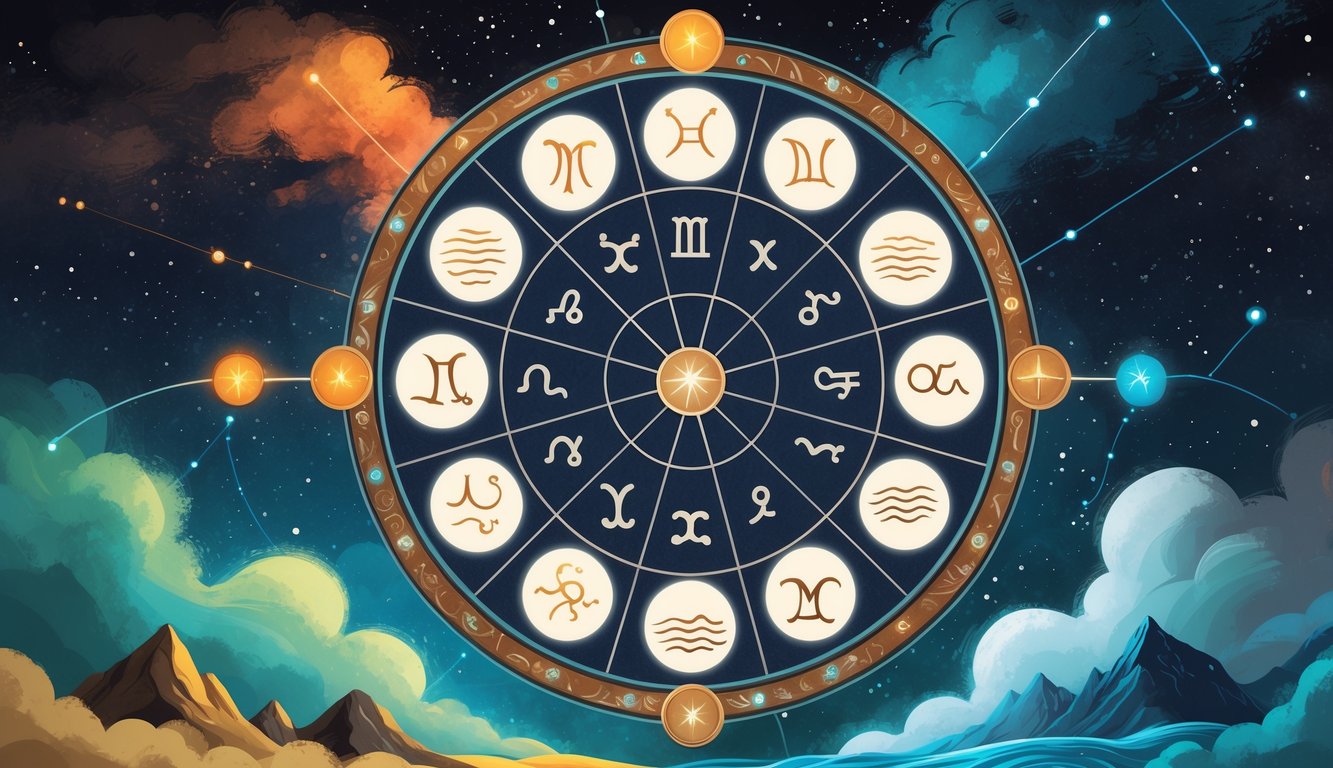 An illustration of a zodiac wheel surrounded by symbols representing the four elements—fire, earth, air, and water—with connecting lines showing compatibility between zodiac signs.