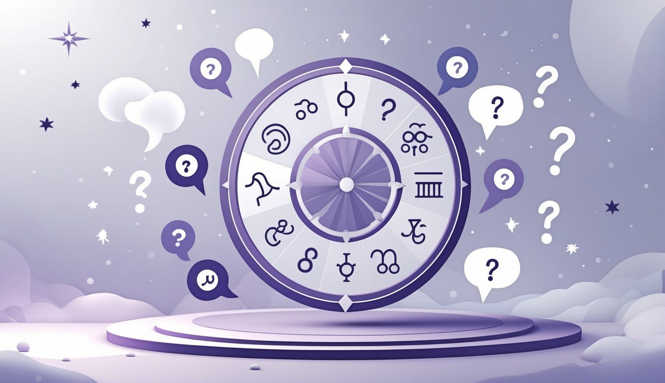 A circular zodiac wheel with twelve zodiac symbols surrounded by question marks and speech bubbles on a starry background.