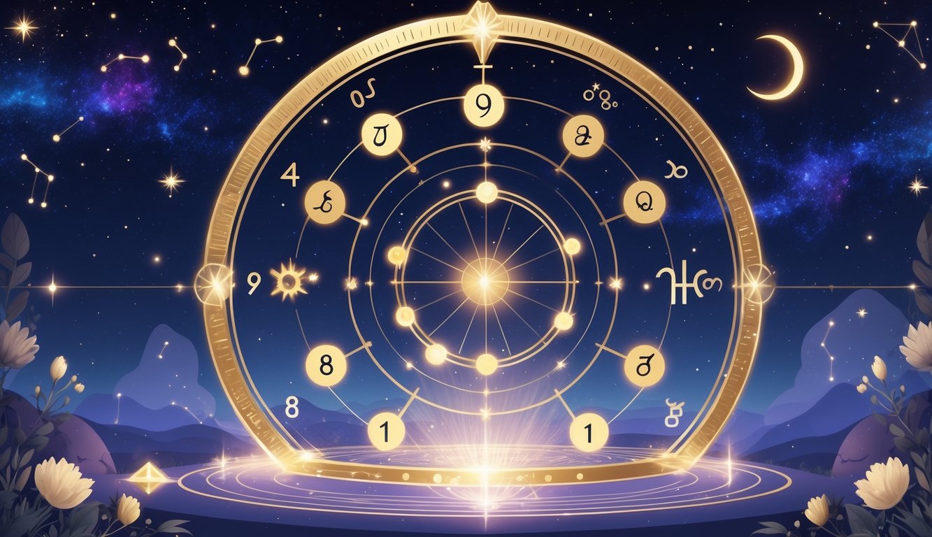 A detailed illustration showing a golden circular chart combining numbers and zodiac symbols against a starry night sky with glowing constellations.