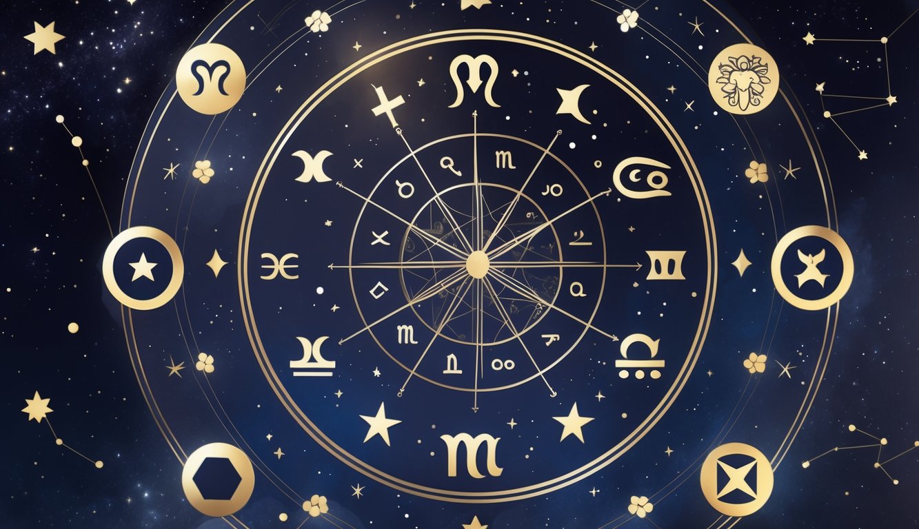 A circular astrological birth chart divided into twelve segments with zodiac symbols and connecting lines representing planetary positions, set against a starry cosmic background.