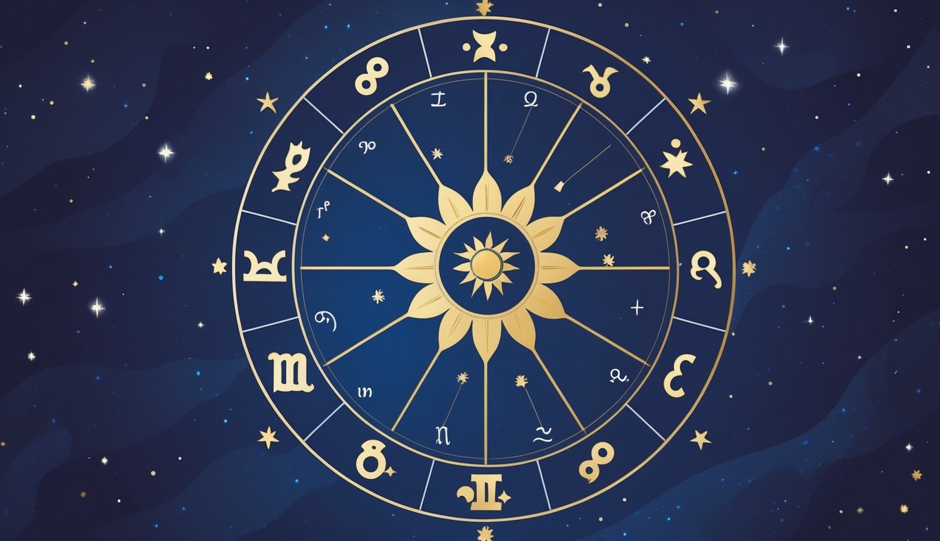 A detailed circular astrology chart showing twelve zodiac signs arranged around a central sun symbol with connecting lines and starry background.