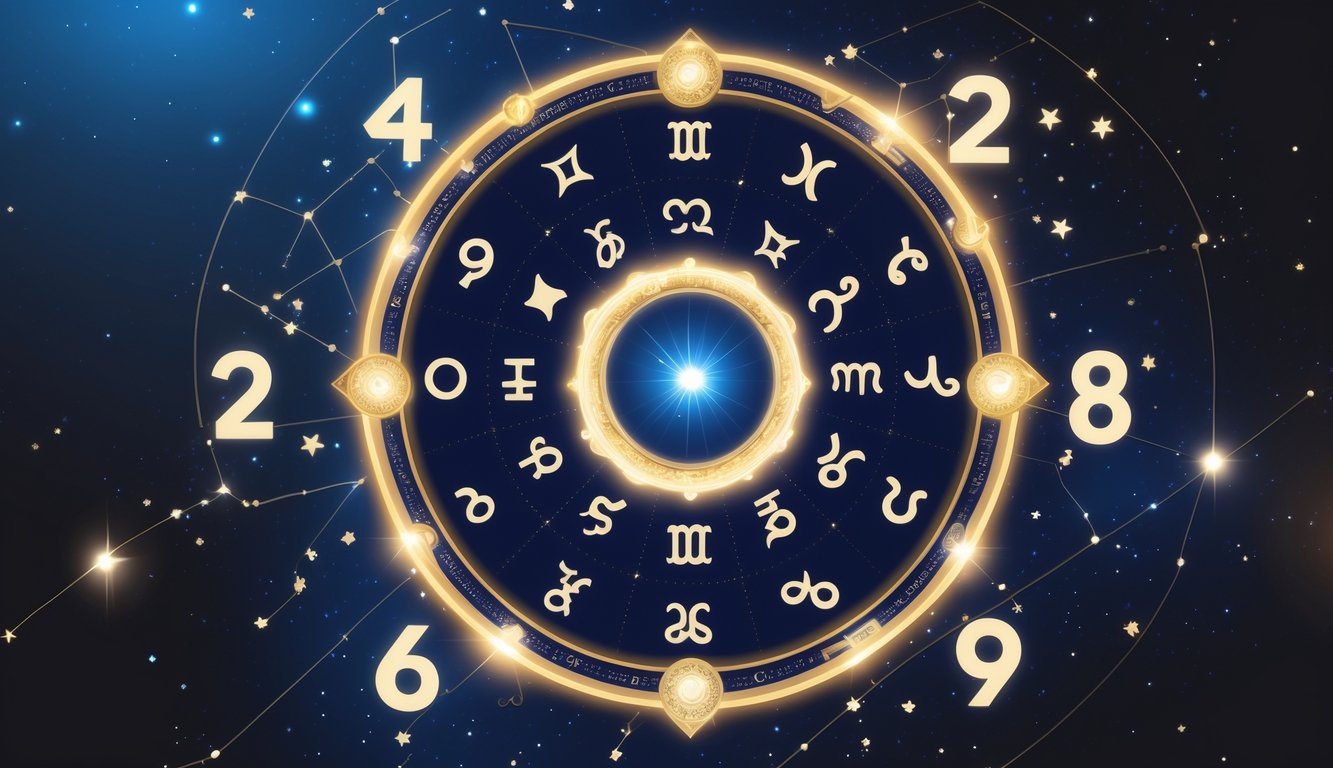 A glowing circular chart showing zodiac signs surrounded by floating numbers and faint star constellations on a dark starry background.