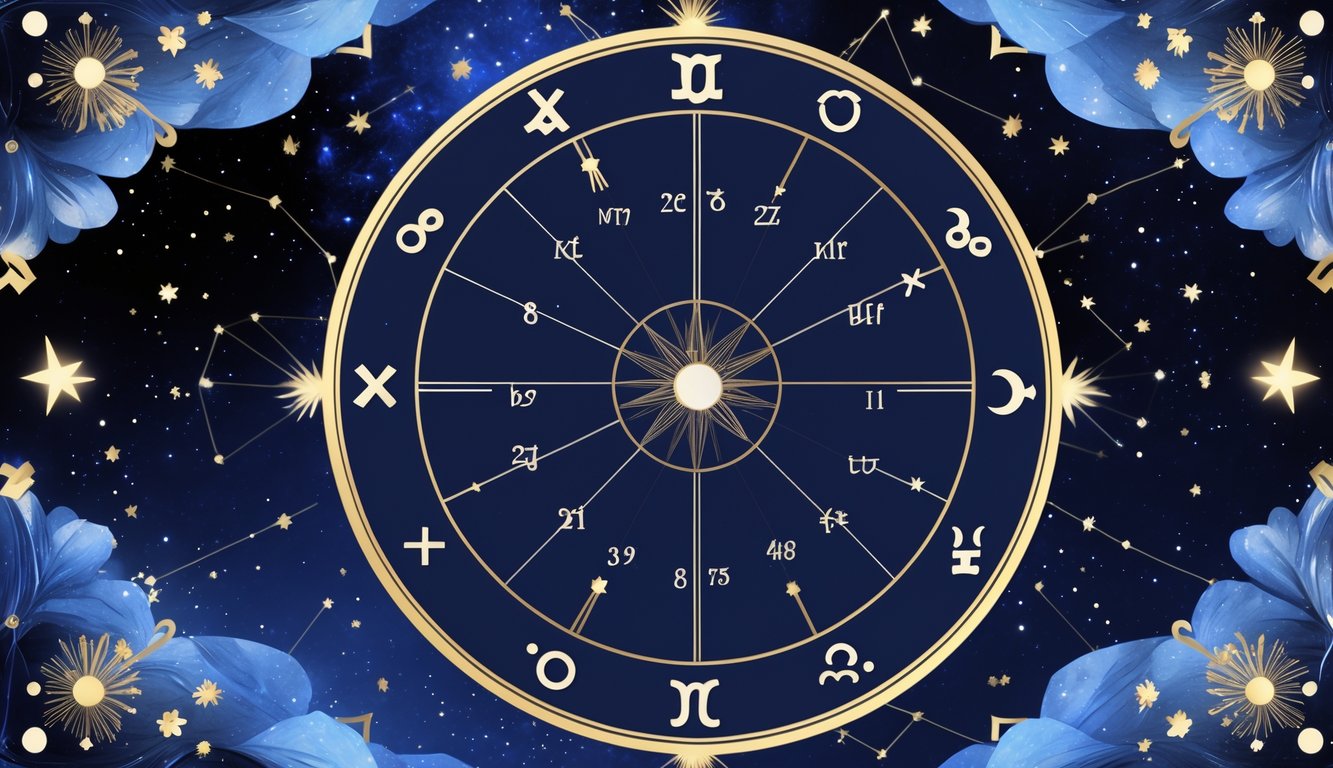 A circular astrology birth chart with zodiac symbols and planetary icons connected by lines, set against a starry night sky background.