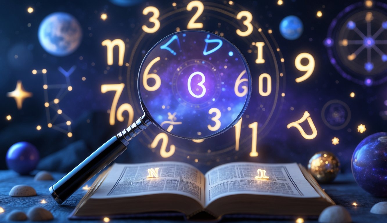 A mystical workspace with an open ancient book showing glowing numbers and zodiac signs floating above it, surrounded by stars and planets.