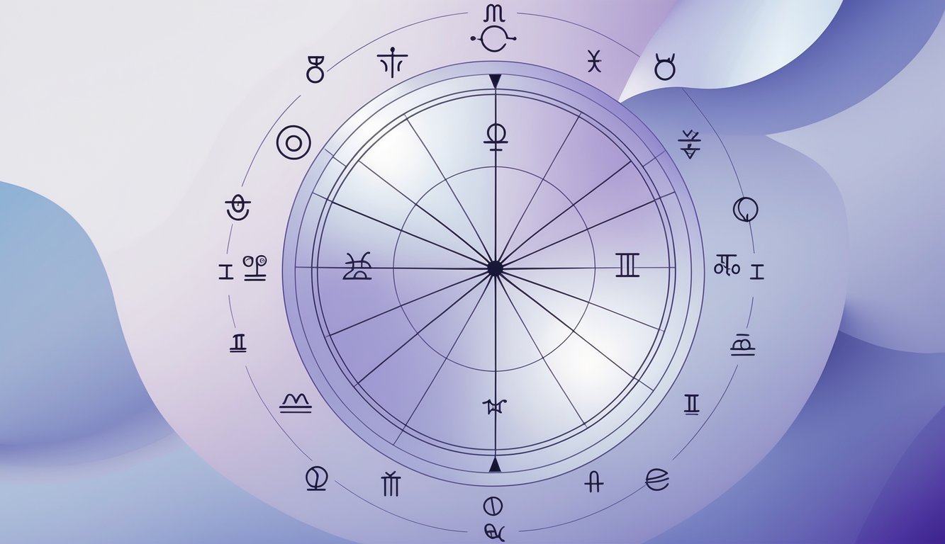 A detailed astrology chart showing a circular zodiac wheel with twelve segments and symbols, surrounded by icons representing planets and astrological elements connected by lines.