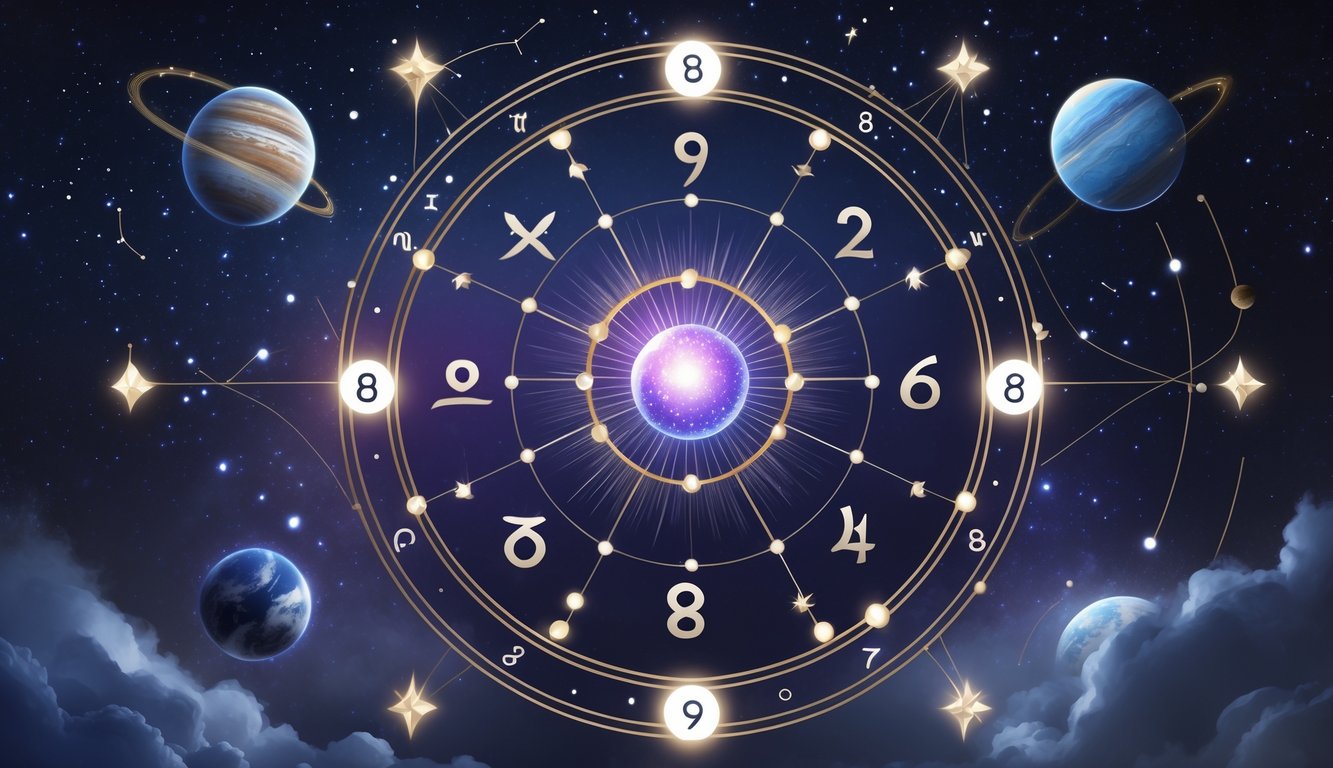 A cosmic scene with zodiac symbols arranged in a circle around glowing numbers, set against a starry sky with planets and geometric shapes.
