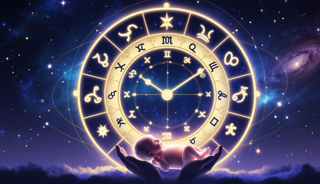 An astrological clock surrounded by zodiac symbols with a baby silhouette and cosmic background representing the importance of birth time in astrology.