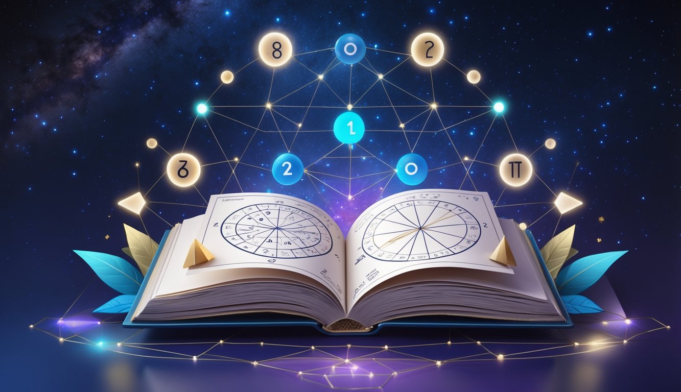 An open ancient book showing astrological charts on one page and numerological symbols on the other, set against a starry sky with zodiac constellations and glowing geometric shapes around it.