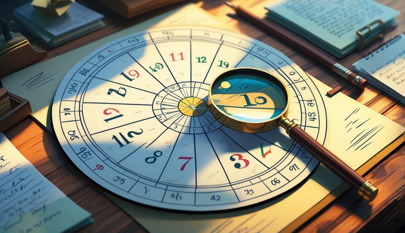 A circular numerology birth chart on a wooden desk with notes, a pencil, and a magnifying glass nearby.