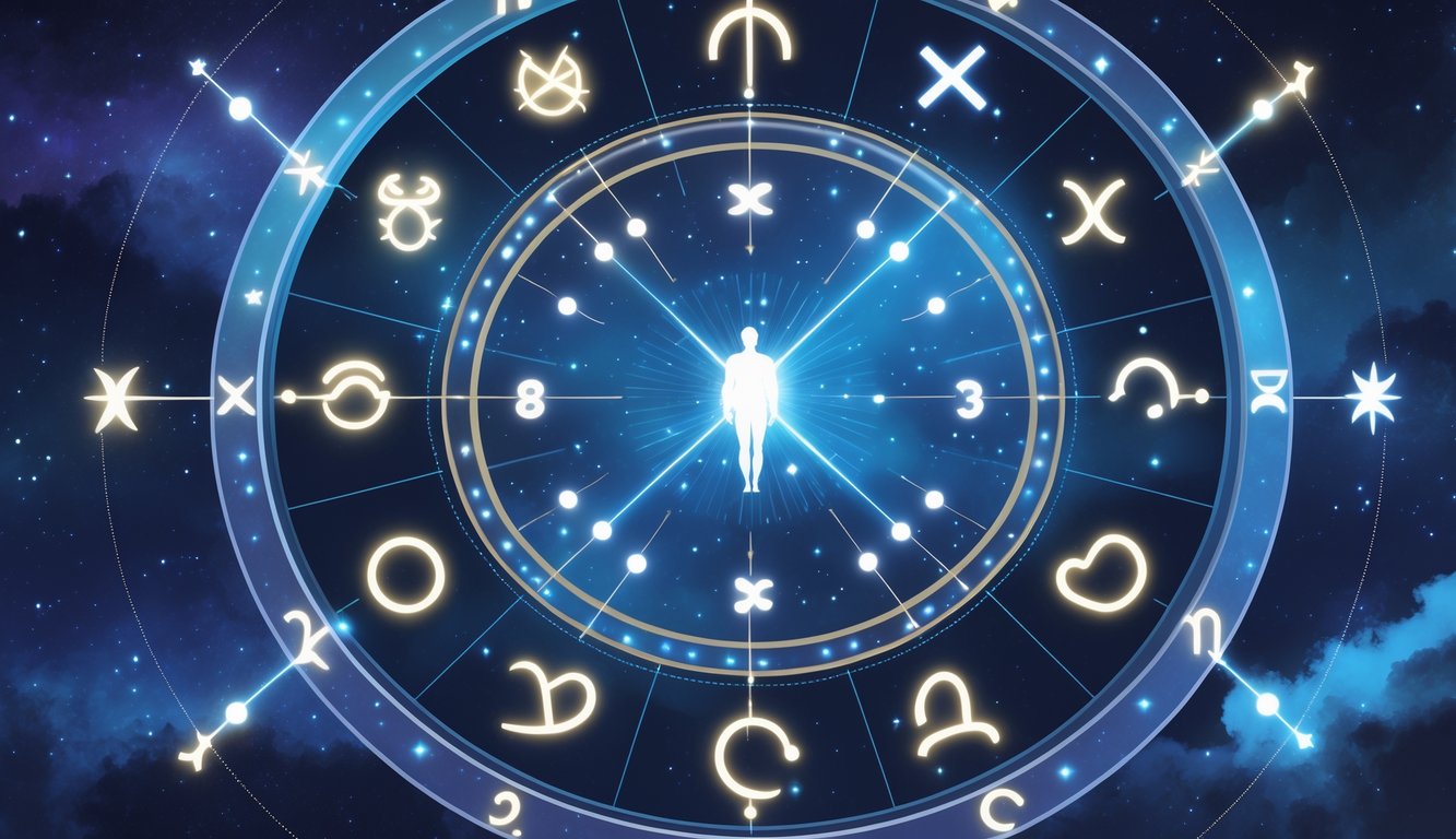An illustration showing a glowing celestial clock with zodiac symbols around it and a human figure in the center surrounded by circles representing astrological houses.