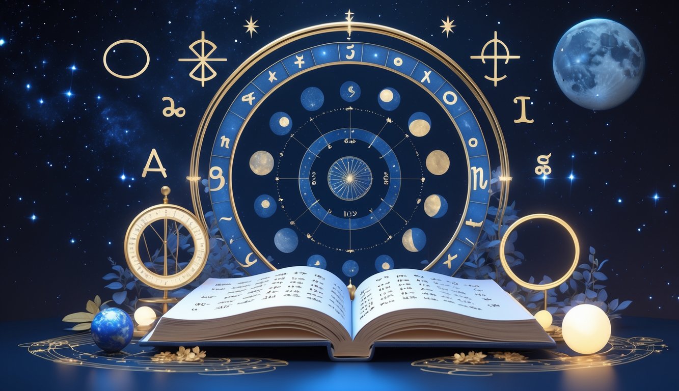 An open book with glowing numbers and mystical symbols surrounded by zodiac signs, planets, and celestial elements against a starry night sky.