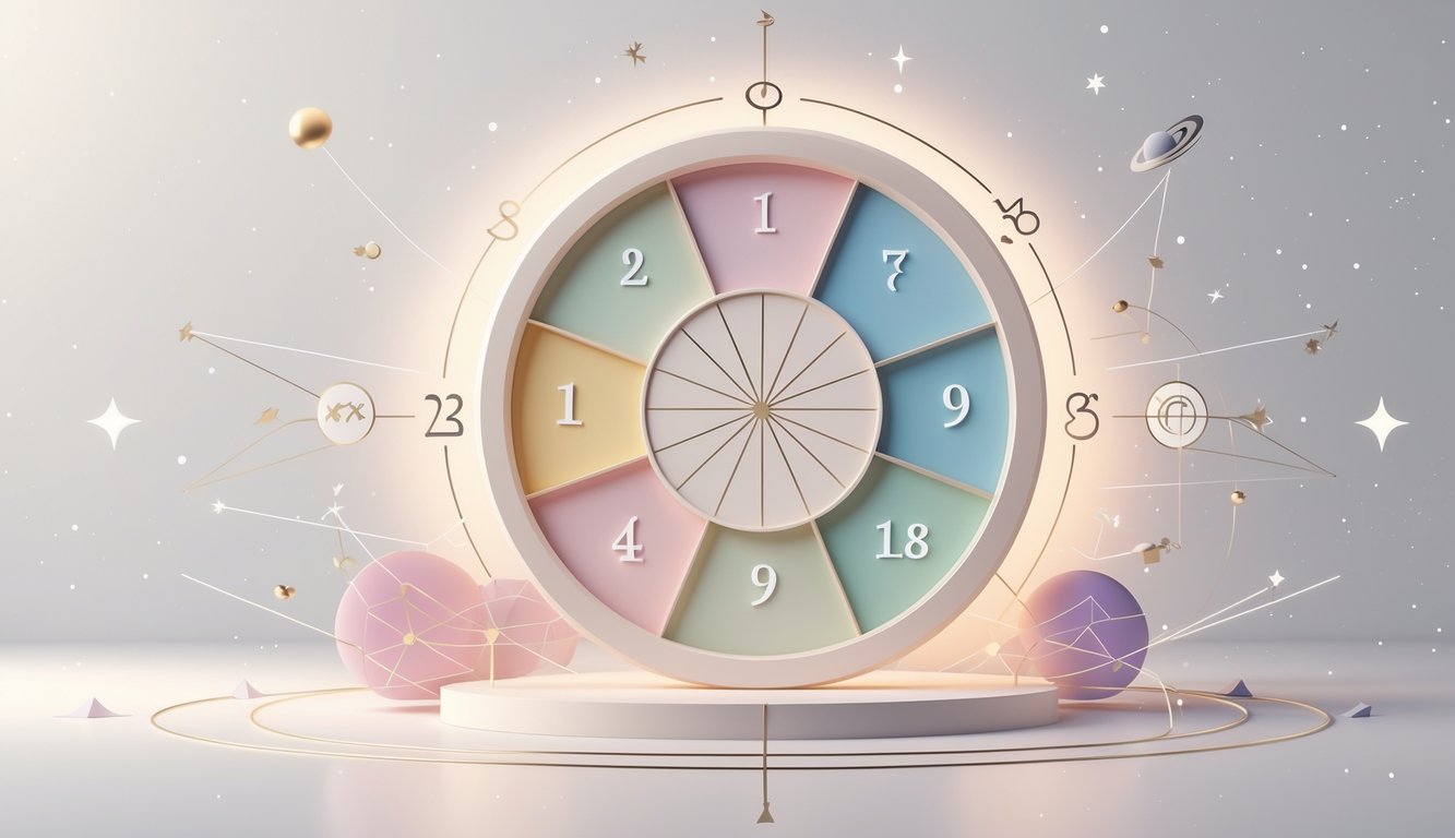An illustration of a circular birth chart with numbered segments connected by lines and geometric patterns, surrounded by subtle cosmic symbols and a soft glowing background.