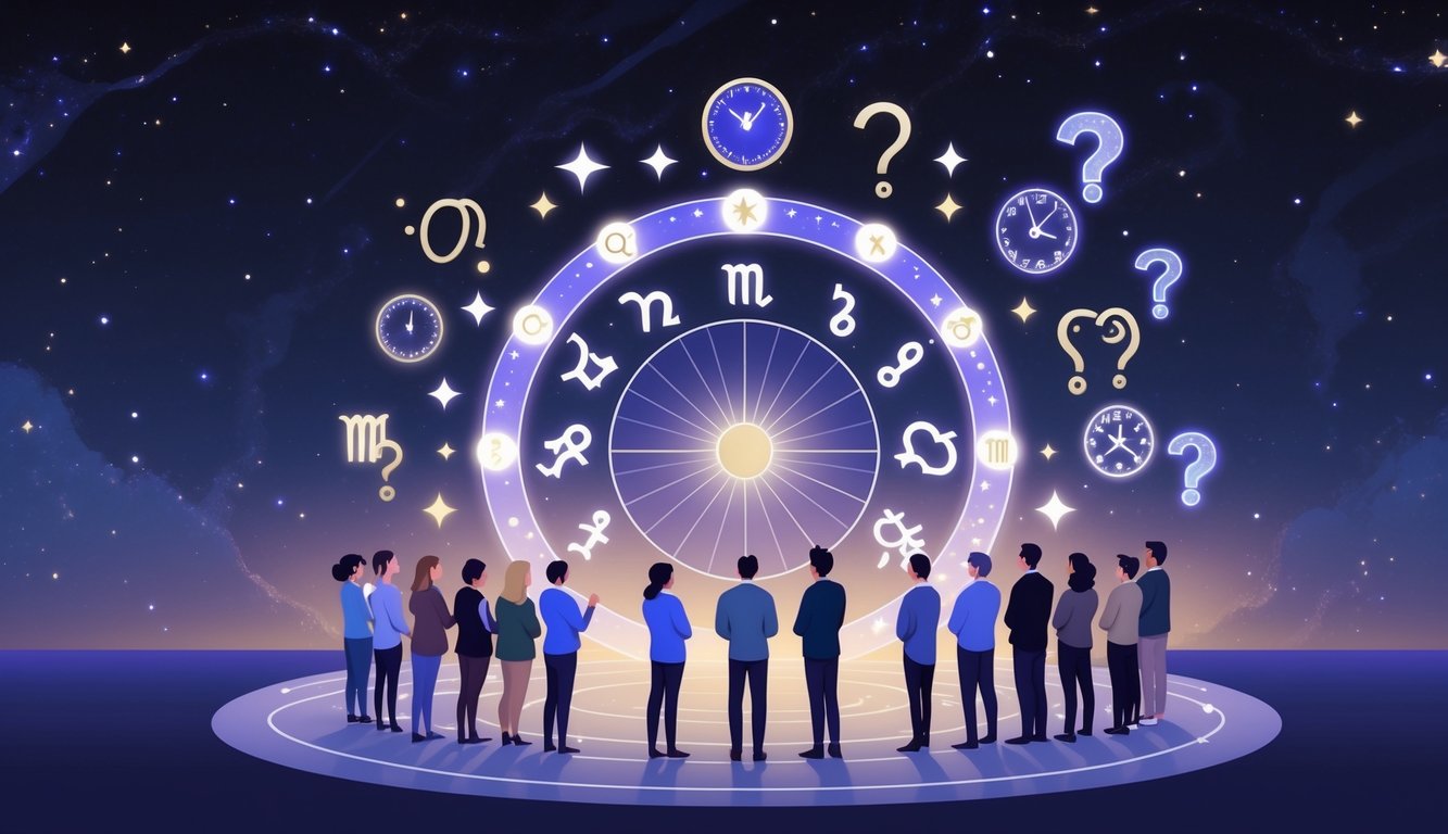 A group of people gathered around a glowing zodiac wheel with clocks and stars floating nearby, symbolizing questions about birth time astrology.