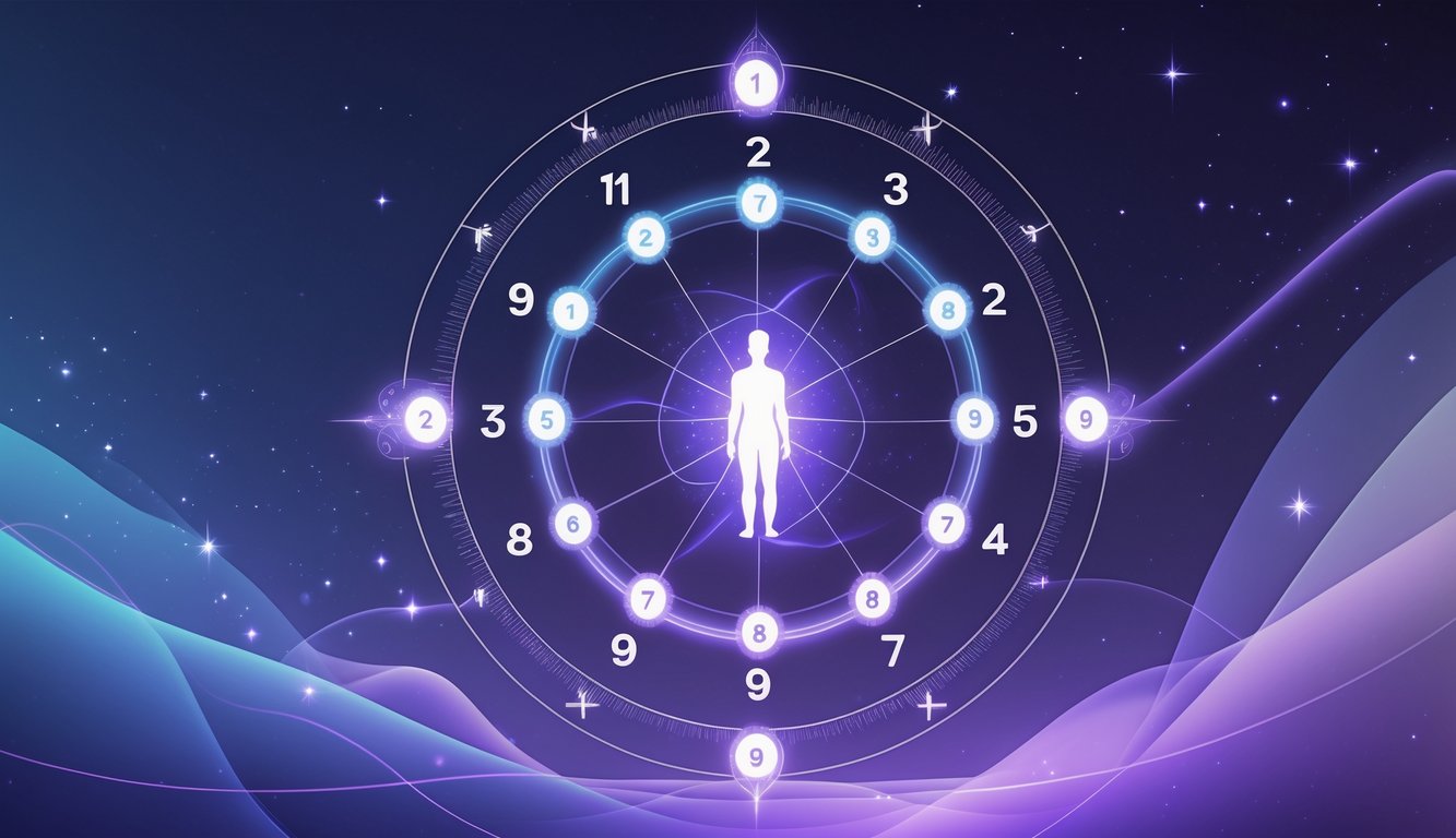 A circular numerology birth chart with numbered segments and an abstract human figure in the center surrounded by geometric lines and symbols.