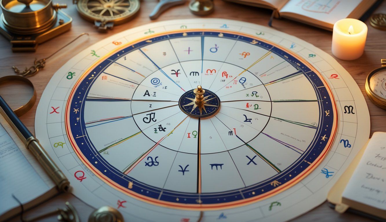 An astrological birth chart with zodiac signs and planetary symbols displayed on a wooden table surrounded by a compass, notebook, and candle.