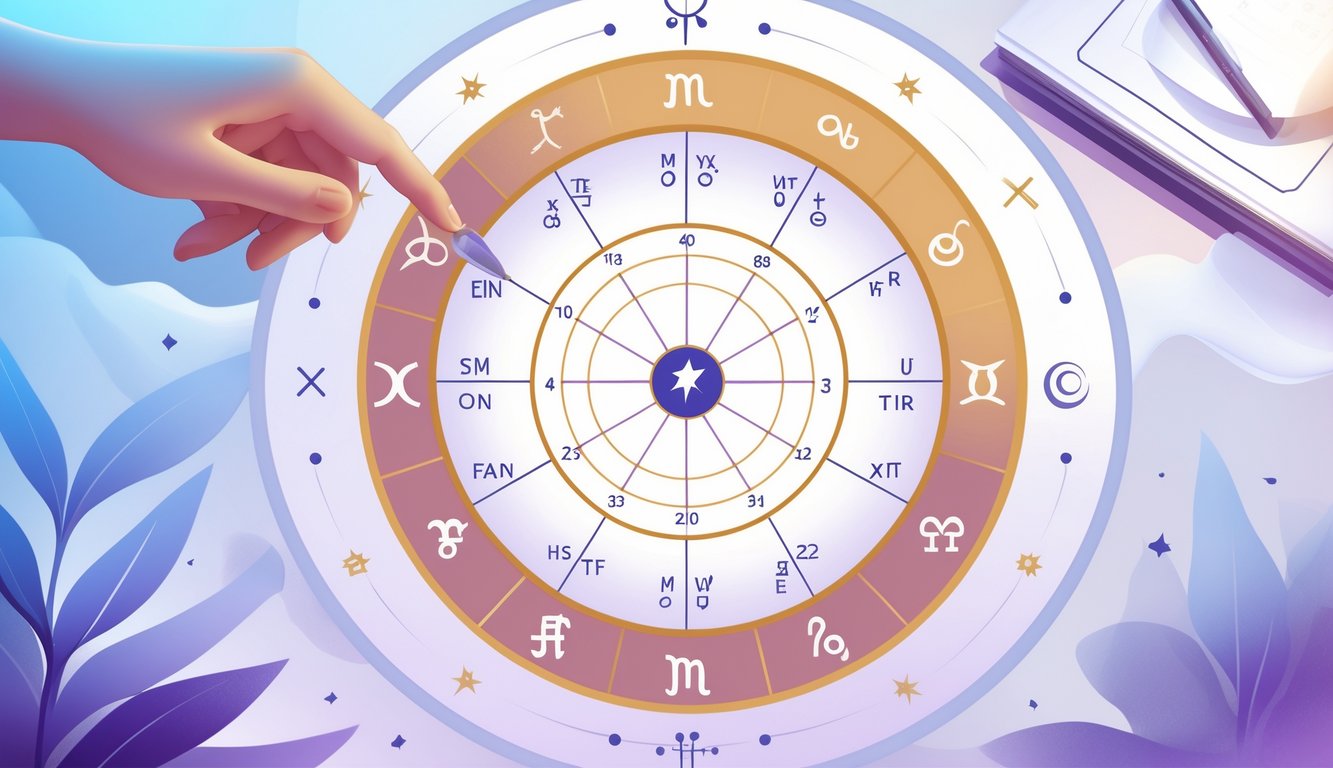 An illustration of a circular astrological birth chart with zodiac signs and planetary symbols, a hand pointing at the chart, and a magnifying glass highlighting details, with a notebook and pen nearby.