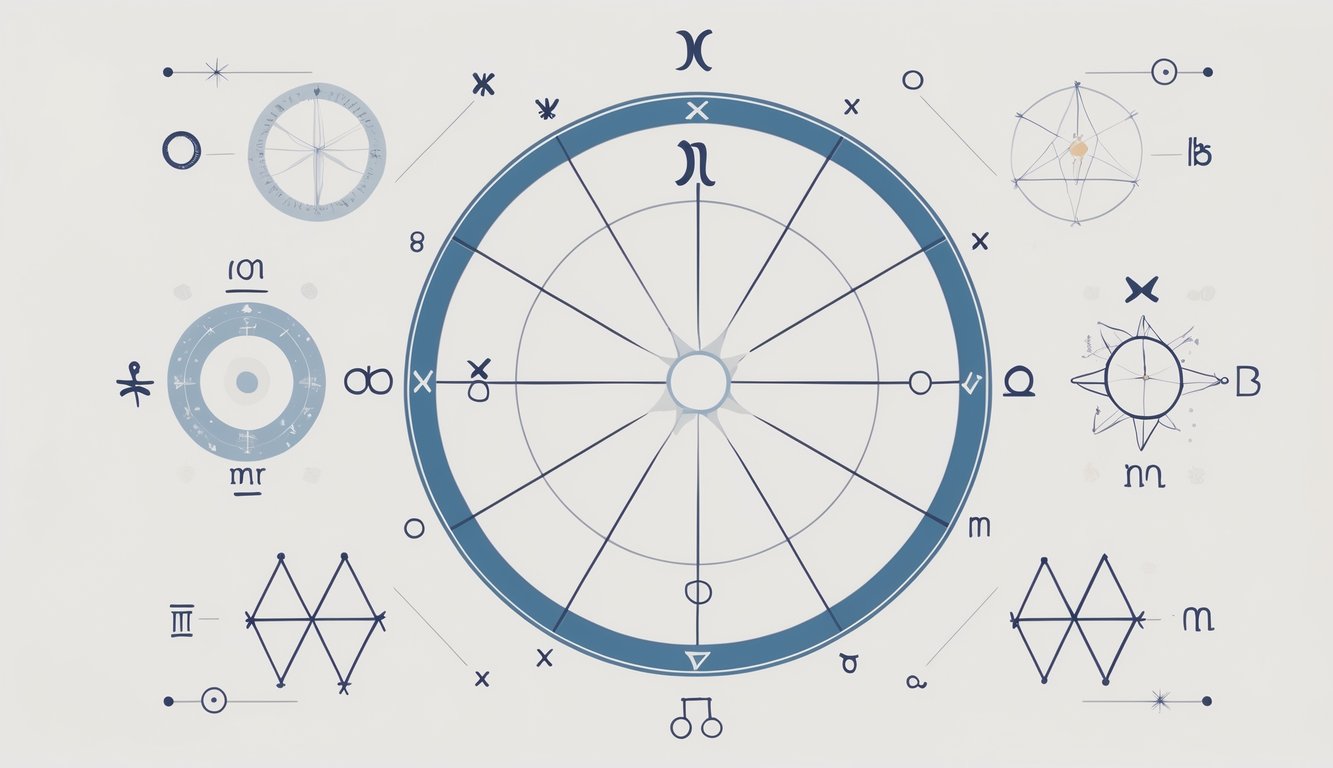 A circular astrological birth chart divided into twelve segments with zodiac symbols, planets, and connecting lines illustrating key astrological components.