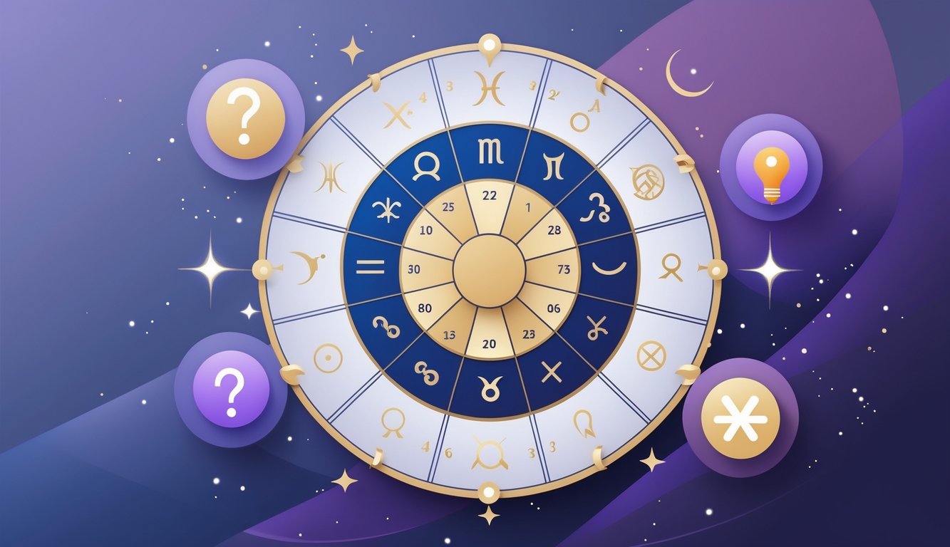 An astrological birth chart wheel surrounded by planetary symbols and glowing icons representing questions and ideas.