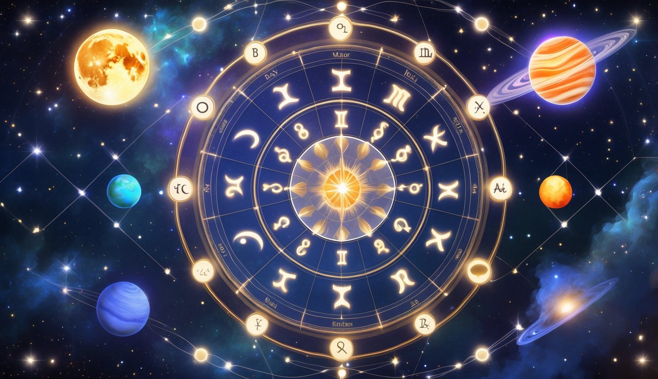 An astrological birth chart wheel surrounded by glowing planets connected by lines, set against a starry cosmic background.