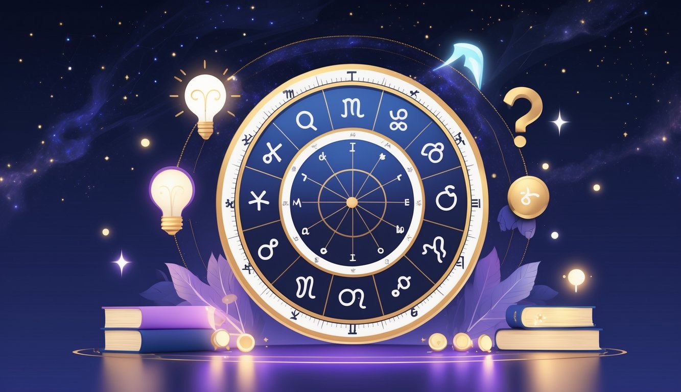 An astrological birth chart wheel surrounded by zodiac signs, planetary symbols, and icons representing questions and knowledge, set against a starry cosmic background.