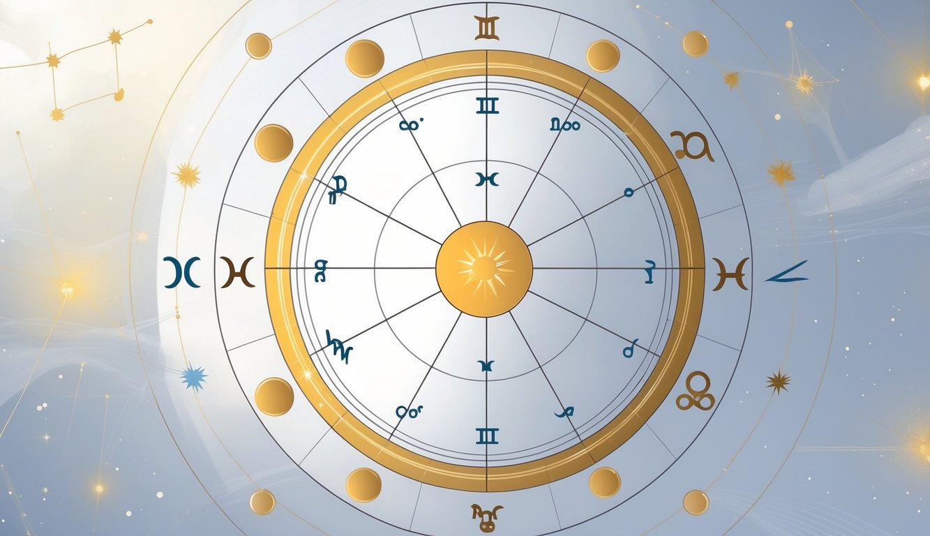 A circular zodiac birth chart with twelve segments showing astrological symbols and planetary positions connected by lines, surrounded by faint stars and constellations.