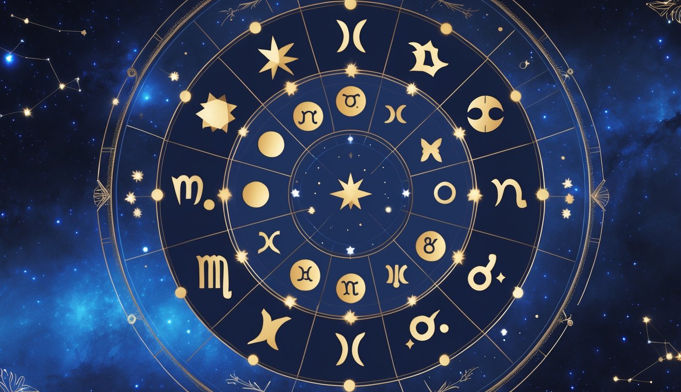 A circular zodiac wheel showing twelve star signs with planetary symbols and connecting lines on a starry background.